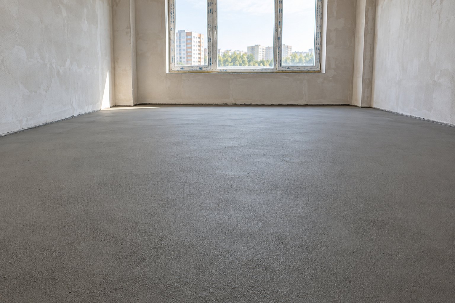 Ровное основание пола из полусухой стяжки в светлой комнате